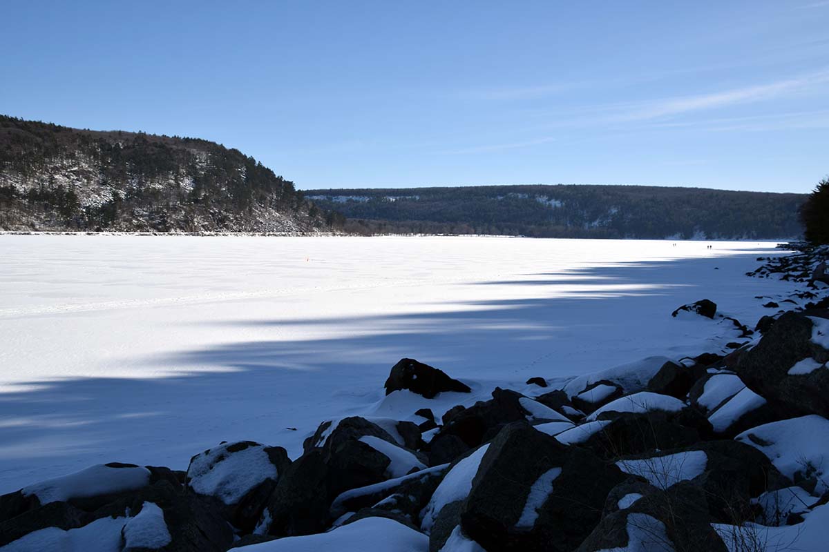 A view of frozen Devil's Lake from the western shore