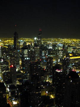 Aerial view of the Chicago skyline at night