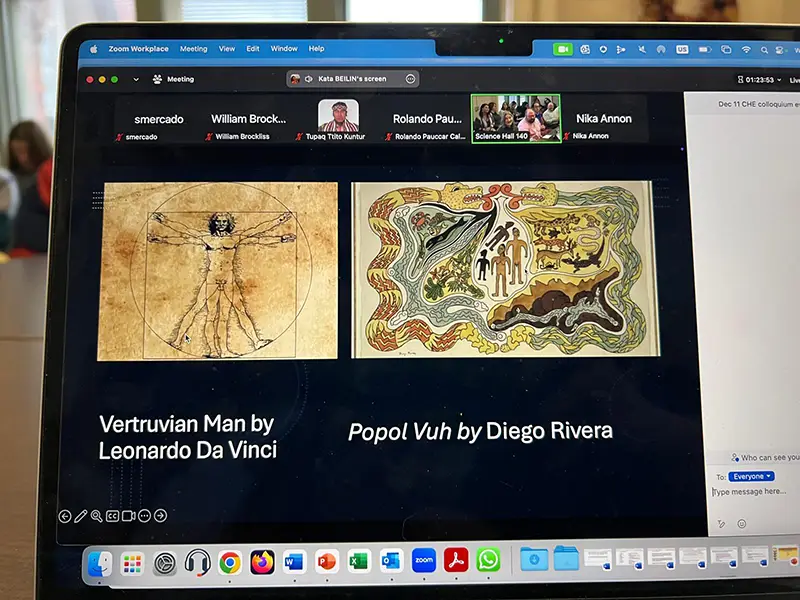 A computer screen showing images of Vertruvian Man by Leonardo Da Vinci and Popol Vuh by Diego Rivera